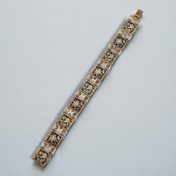 Vintage Damascene Square Link Bracelet Bird Floral Gold Black 8" Etched Spain - Picture 4 of 9
